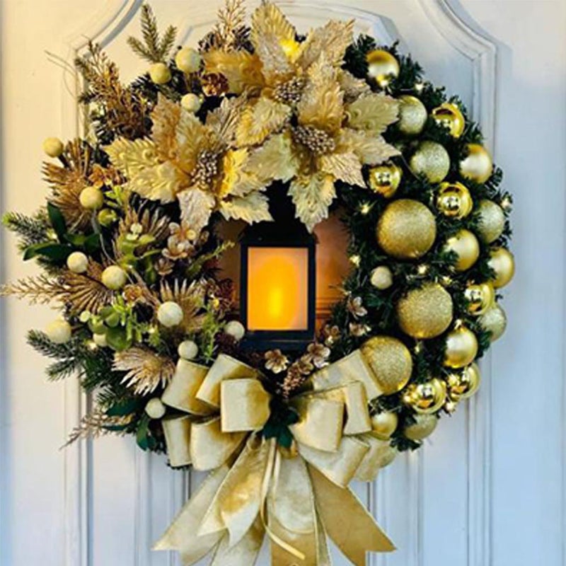 Pre-lit Christmas Wreath with Lights – 15.76" Pvc Door Crown With Red Florals, Led Flame-effect Lights & Bow, Battery-powered, Safe for Indoor/outdoor Use (Golden) - Image 1